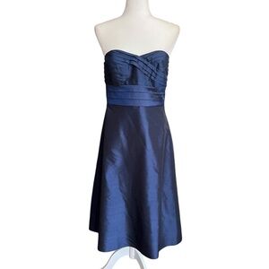 Navy Blue 100% Silk Tea Length Strapless Dress Size 6